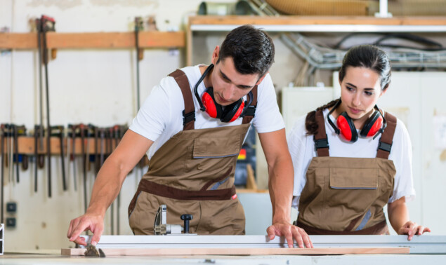 Carpenter and apprentice working together in workshop